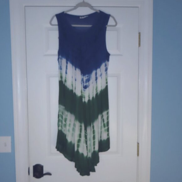 Tie Dye Gauzy Midi Boho Cover up Dress Asymmetric Flowy Embroidered Beachy Coast - Picture 1 of 13